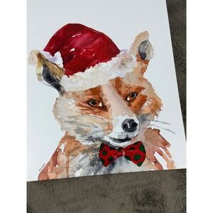 Christmas Fox Santa Hat Bow Tie Watercolor Canvas Wall Art Holiday Decor 12x16